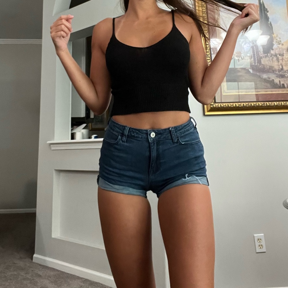 EUC Dark Blue Denim High Rise Super Stretch Shortie Jean Shorts